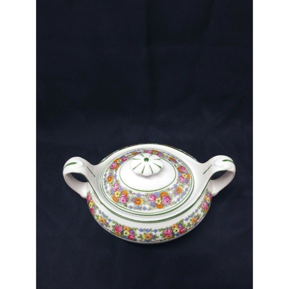 Beautiful Rose Red Green White Ceramic Sugar Bowl W/Holder Led F&W Mark Sign - Picture 2 of 12